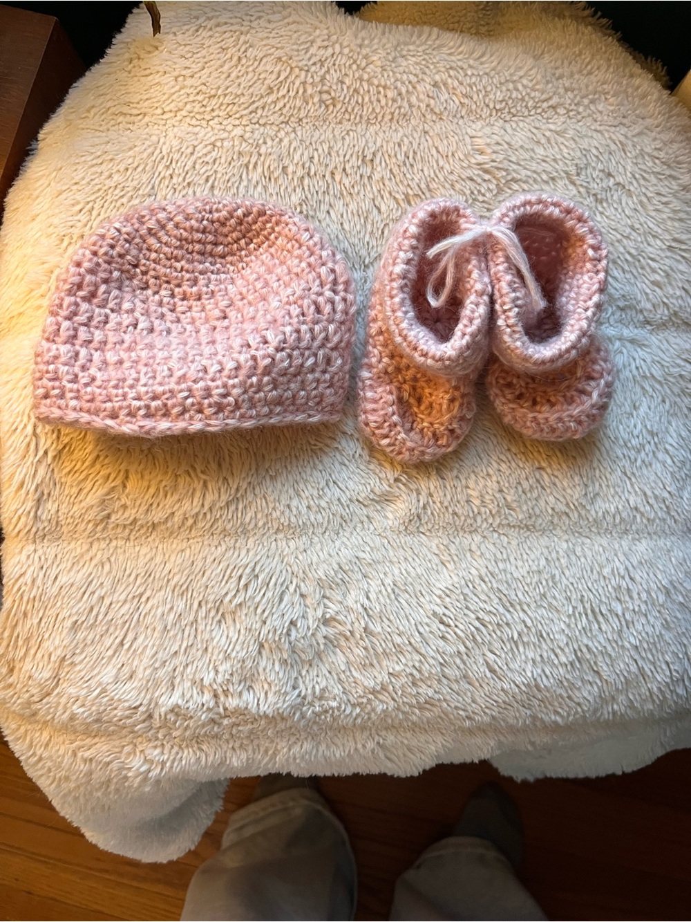 Handmade Crocheted soft Baby Hat & Booties Set in Soft Pink